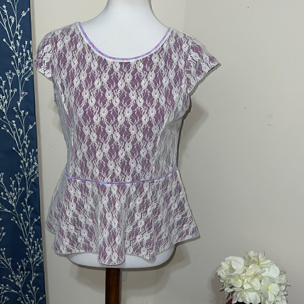 Matilda Jane Clothing MJ Pippenger Peplum Top Lace Cap Sleeve Purple sz M Medium